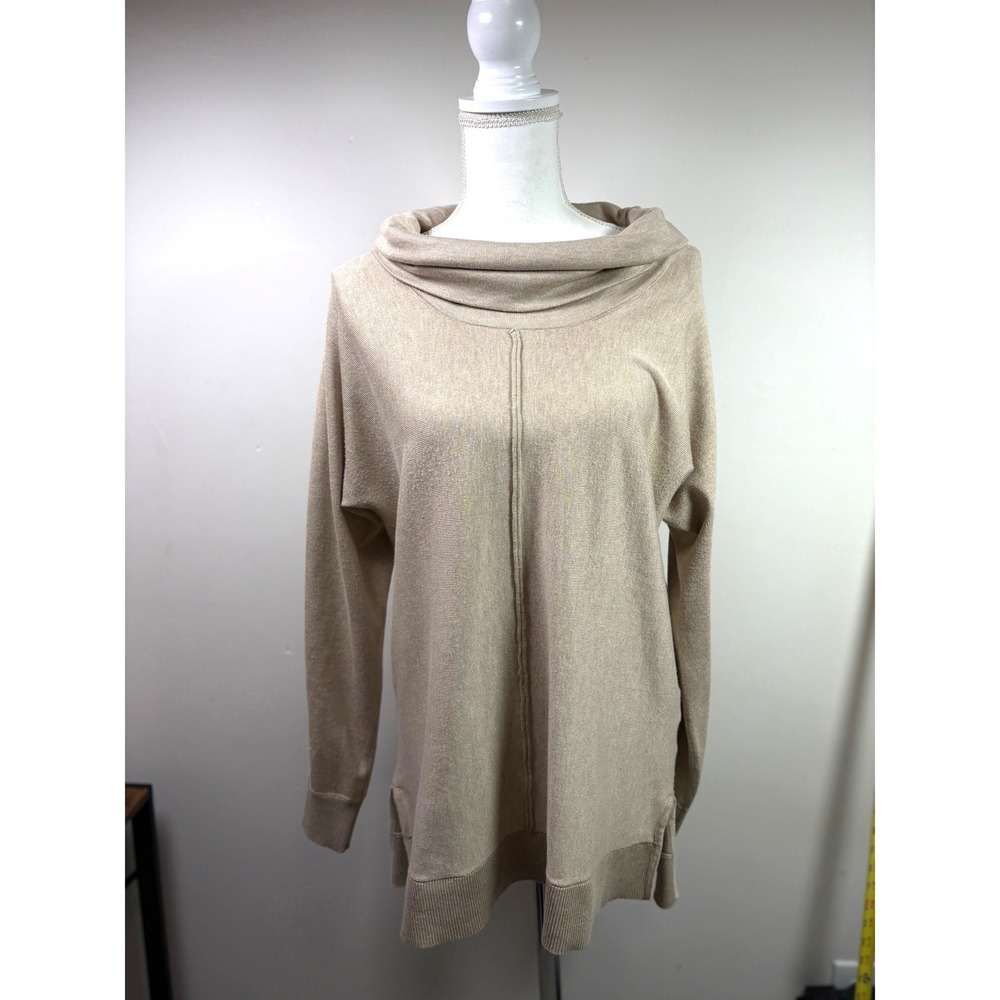 Joan Vass New York Tan Beige Cowl Neck Tunic Sweater XL Long Sleeve Side Slits